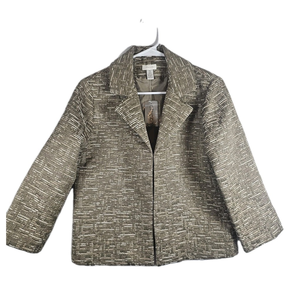 Chico's Blazer Cardigan Women Size 0 (Small) Green Lined Jacquard 3/4 Sleeve NWT